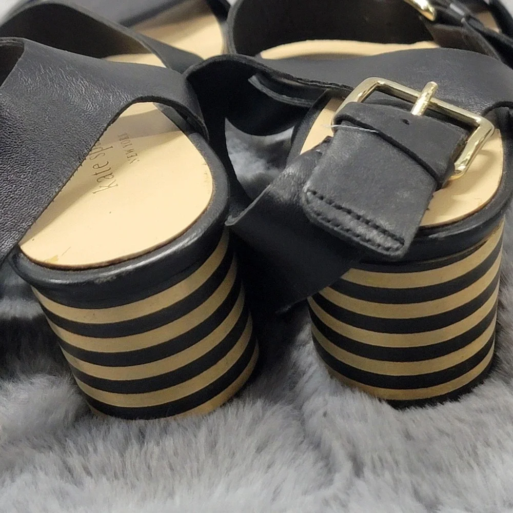 Kate Spade Sandals Womens 7 Black Strappy Leather Block Heel Striped Ankle Strap
